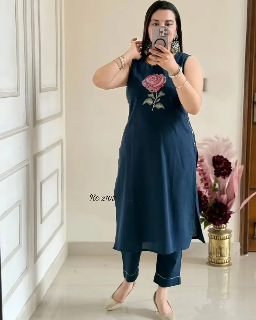 Sleeveless Cotton Kurta Set (M, Blue)