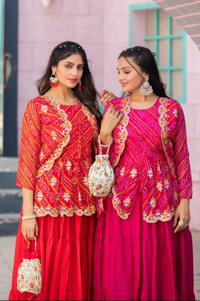 Holi special Bandhej Lehenga crop top & jacket (M, Red)