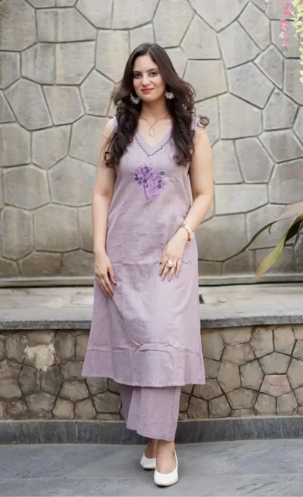 A-line Cotton Kurta Set (M, Lavender)